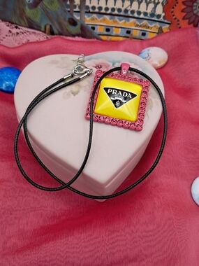 Bright Pink & Yellow Prada Logo & Black Cotton Wax Cord Necklace (Silvertone)